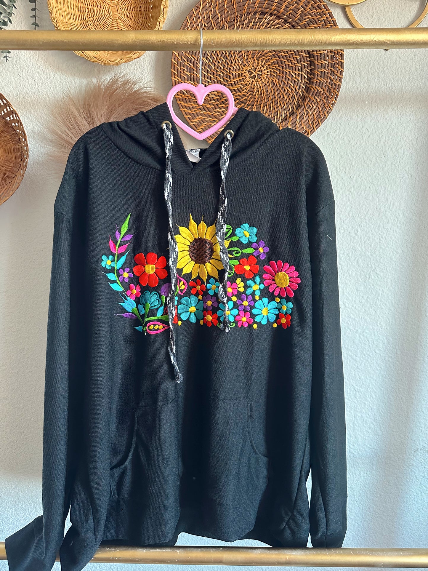 Embroidered Hoodie - Black/Sunflowers